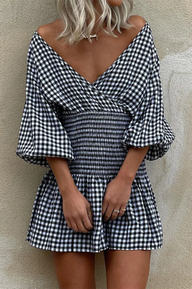 Casual Plaid V Neck Waist Skirt Dresses(5 Colors) - Panekey