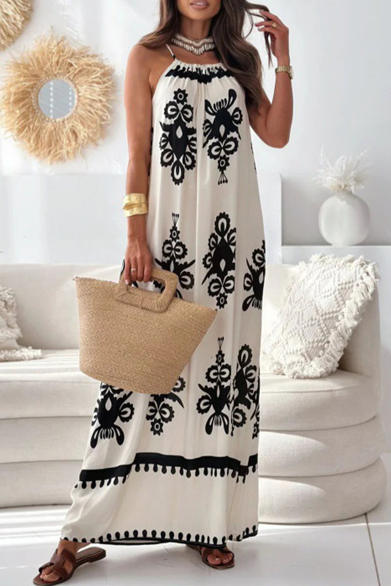 Casual National Totem Print Draw String Square Neck Sling Dresses(4 Colors) - Panekey