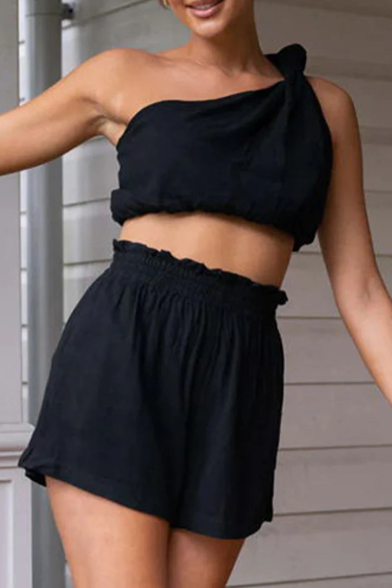 Casual Daily Solid Pocket Solid Color Oblique Collar Sleeveless Two Pieces(3 Colors) - Panekey