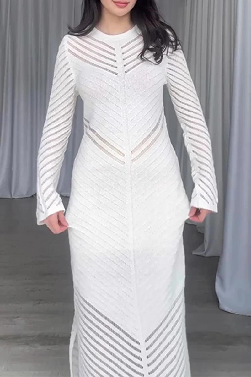 Casual Daily Solid Color Hollow Out Stringy Selvedge O Neck Wrapped Skirt Dresses - Panekey