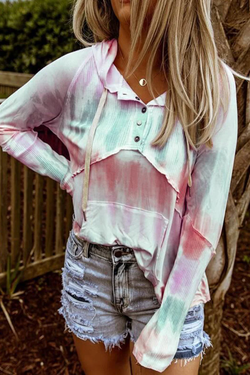 Casual Patchwork Tie-dye Hooded Collar Tops - Panekey
