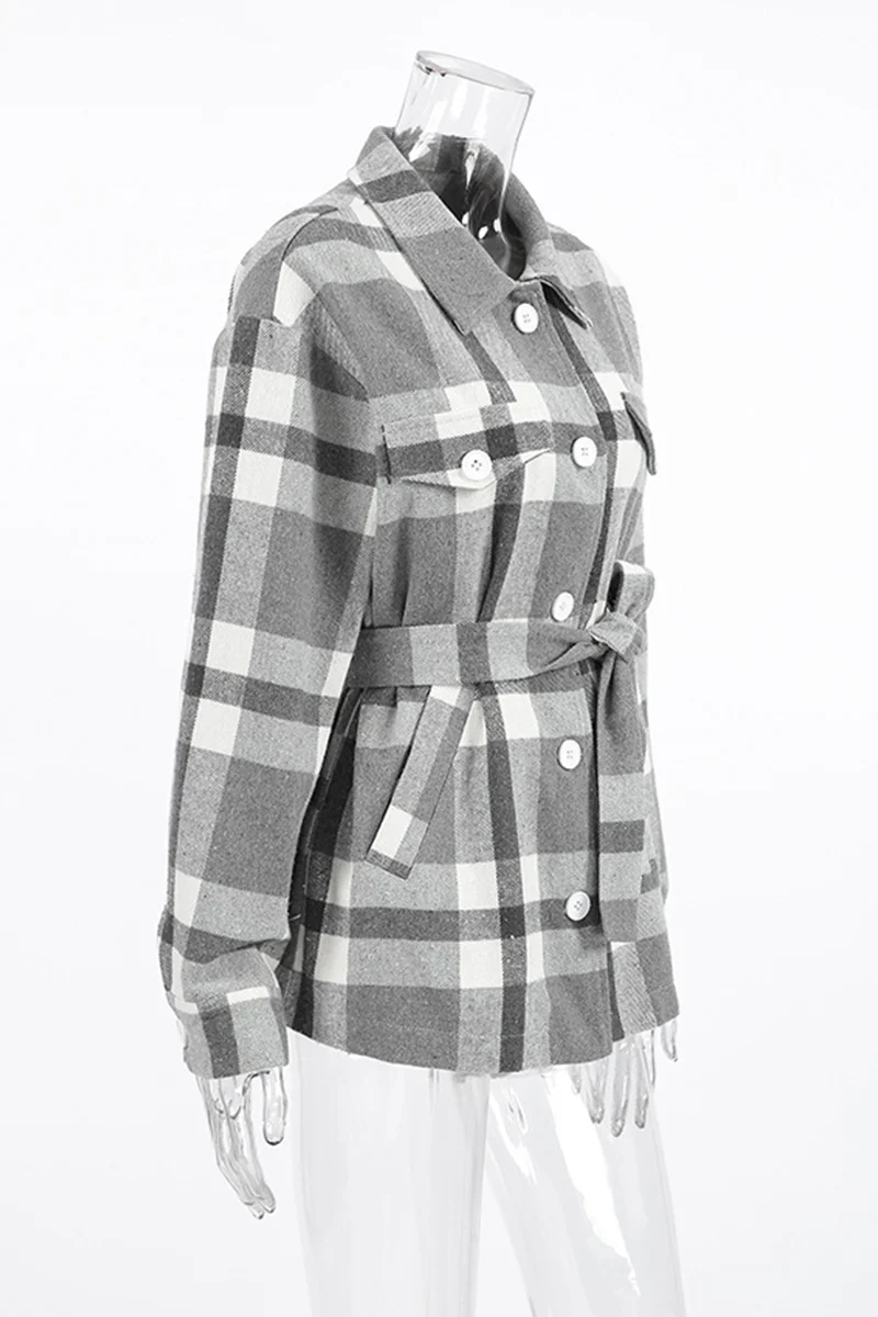 Casual Plaid Lace Up Buttons Contrast Gross Turndown Collar Outerwear - Panekey