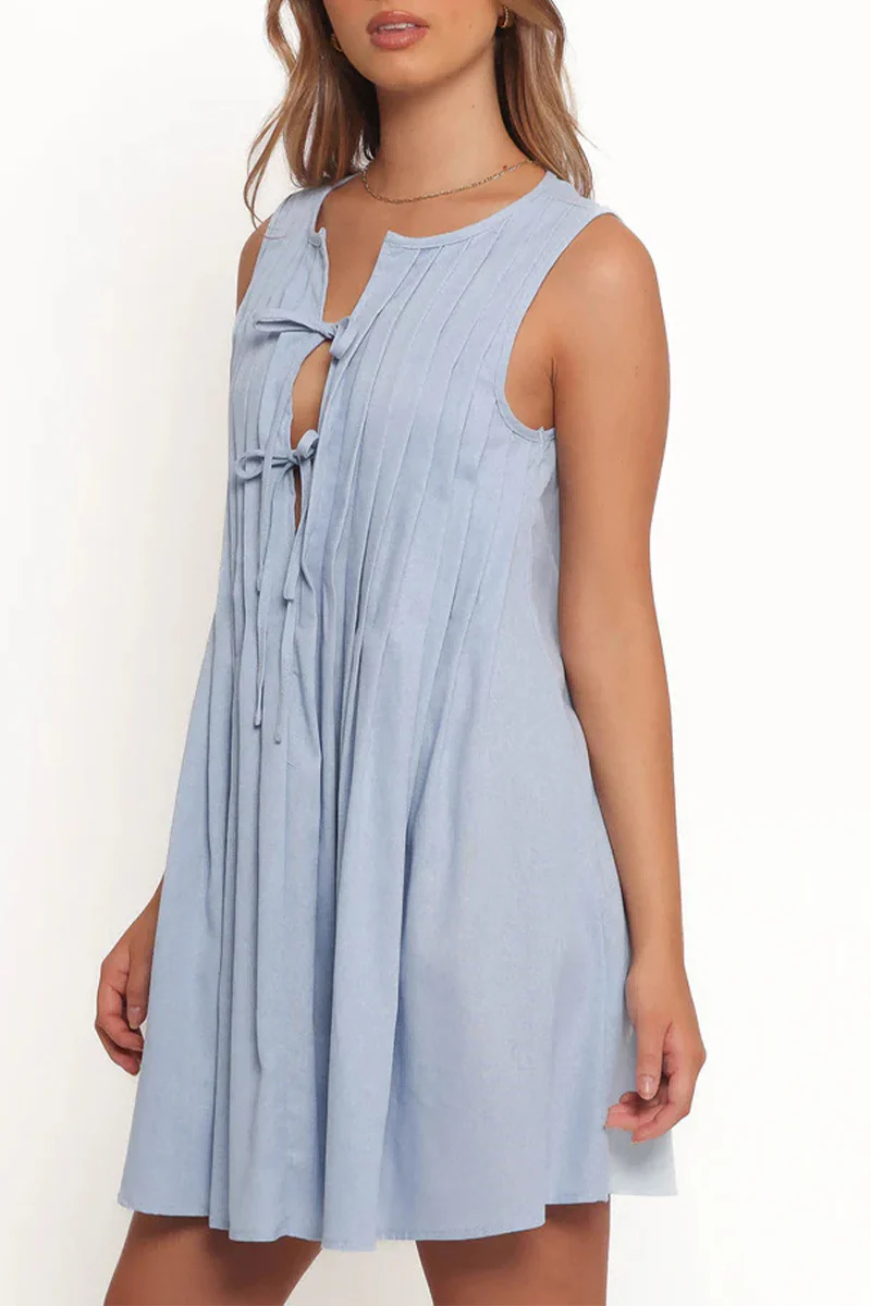 Casual Daily Lace Up Pleated O Neck Pleated Dresses(4 Colors) - Panekey