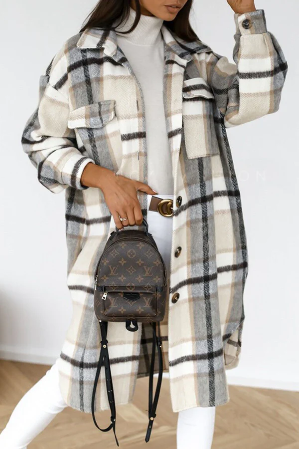 Casual Elegant Plaid Pocket Buckle Turndown Collar Outerwear - Panekey