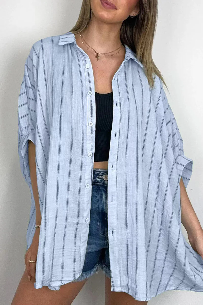 Casual Daily Stripe Buttons Turndown Collar Blouses(8 Colors) - Panekey