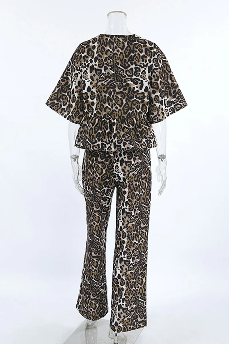 Casual Leopard Lace Up Contrast O Neck Short Sleeve Two Pieces - Panekey