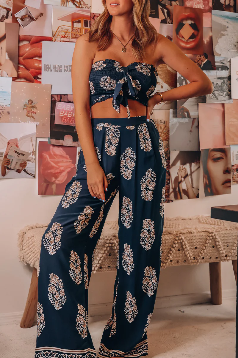 Casual Floral Pocket With Bow Strapless Sleeveless Two Pieces - Panekey