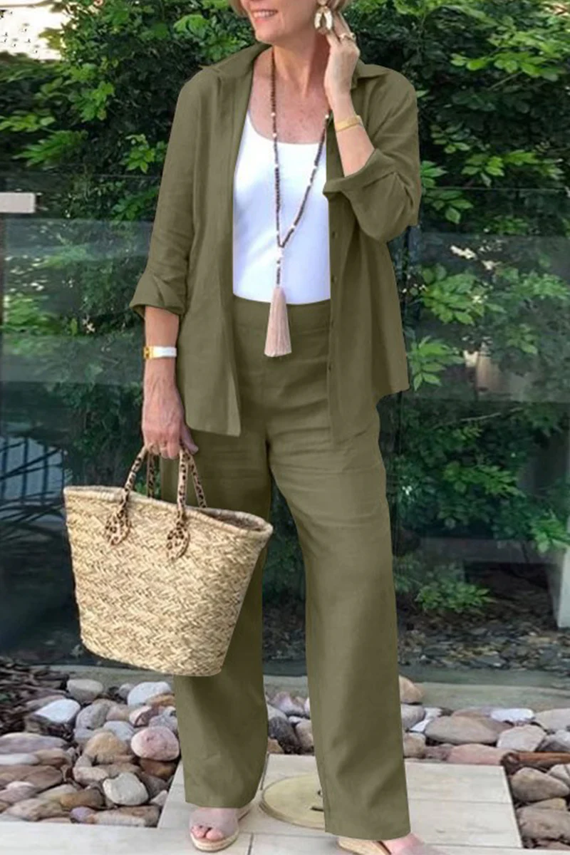 Casual Daily Solid Turndown Collar Long Sleeve Two Pieces - Panekey