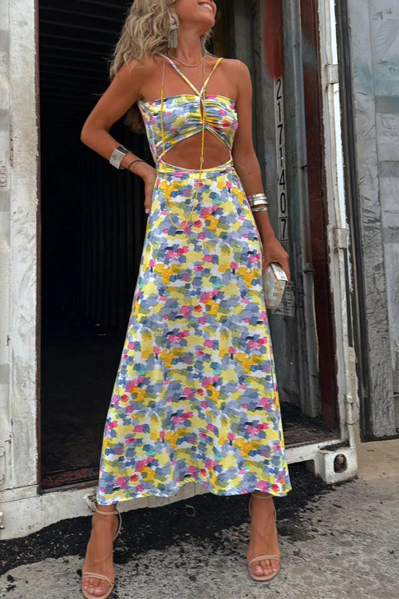 Casual Geometric Print Backless Contrast V Neck One Step Skirt Dresses(Two ways to wear) - Panekey