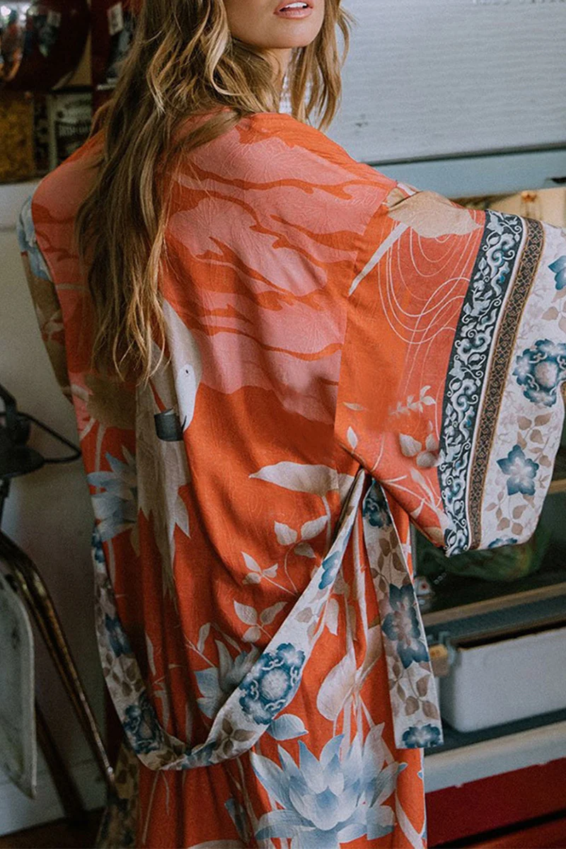 Casual Floral Print Lace Up Contrast Swimwears Cover Up - Panekey