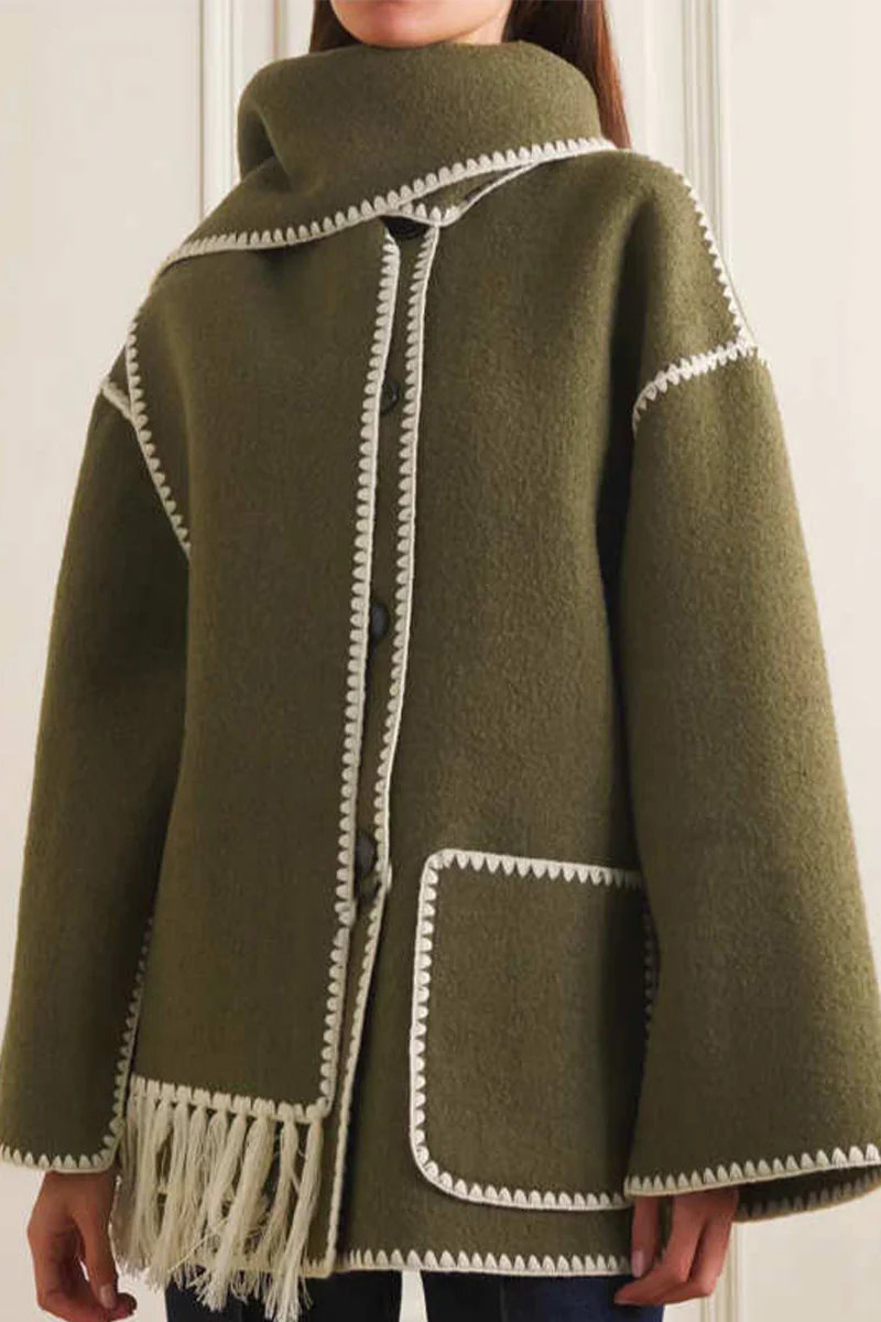 Casual British Style Solid Tassel Contrast Scarf Collar Outerwear - Panekey