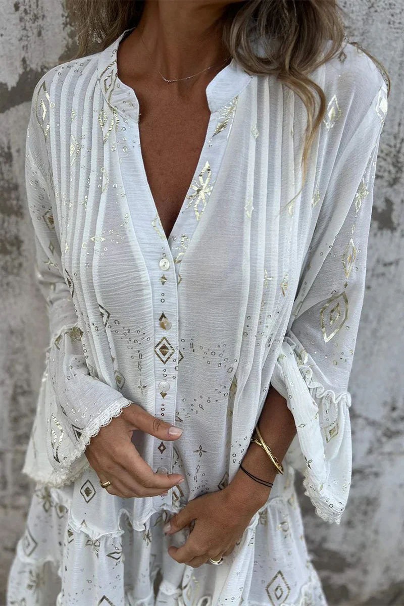 Casual Bronzing Pattern Patchwork Ruffle Contrast Button Collar A Line Dresses - Panekey