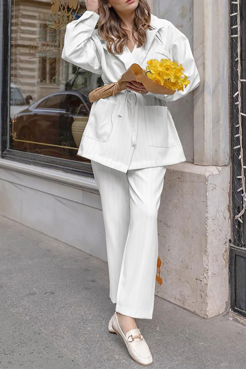 British Style Elegant Striped Bandage Turn-back Collar Long Sleeve Two Pieces - Panekey