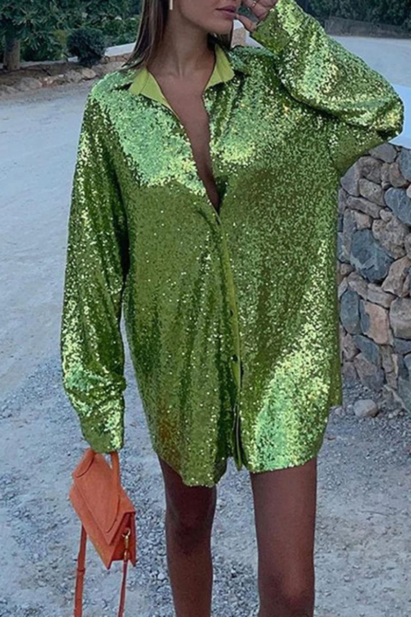 Casual Patchwork Sequins Shirt Collar Tops - Panekey