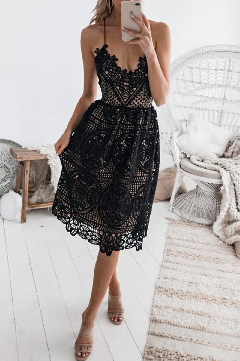 Casual Patchwork Lace Spaghetti Strap Lace Dress Dresses - Panekey