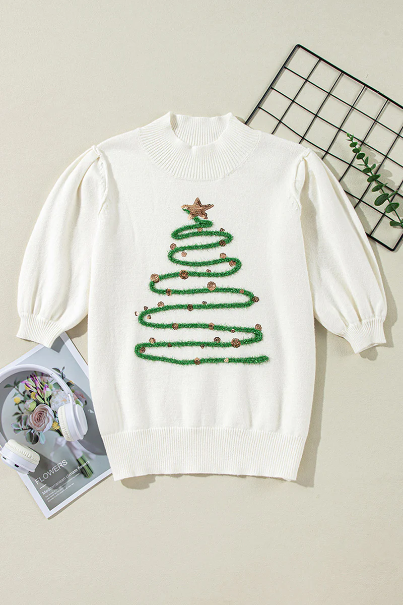 Casual Christmas Tree Sequins Patchwork Half A Turtleneck Sweaters - Panekey