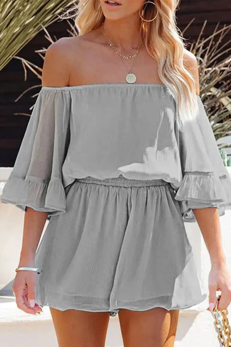 Casual Daily Solid Patchwork Flounce Off the Shoulder Loose Rompers - Panekey