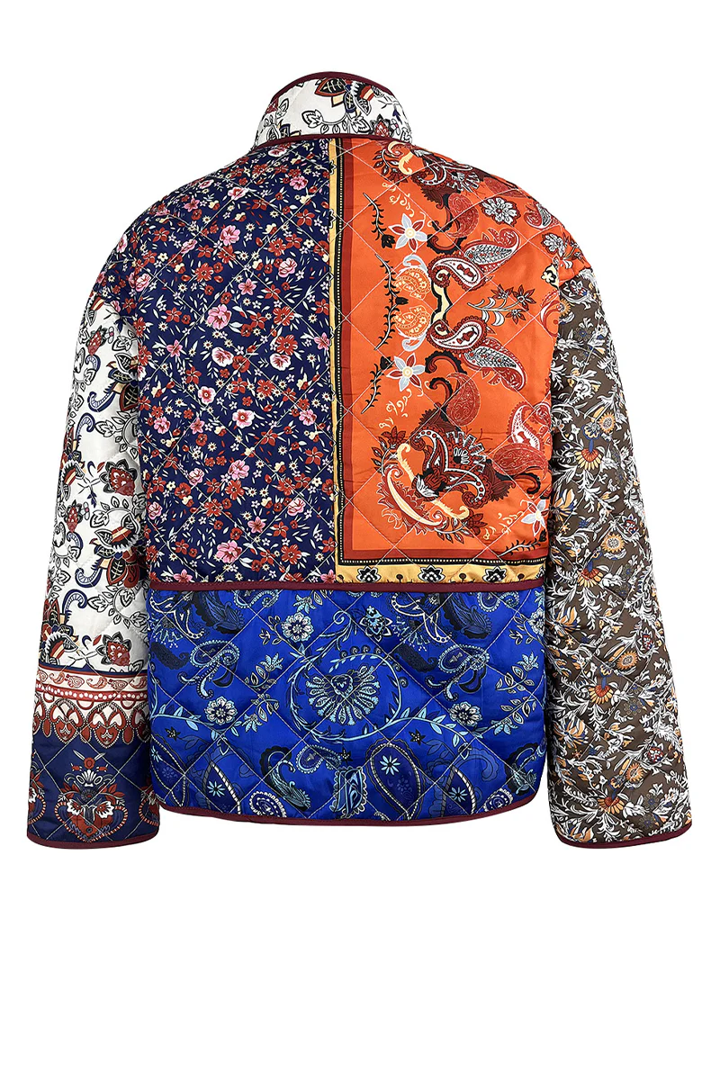 Casual Flowers Pocket Patchwork Contrast Mandarin Collar Outerwear - Panekey