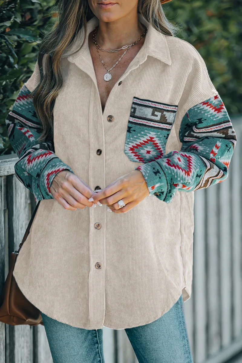 Casual Geometric Print Pocket Patchwork Contrast Turndown Collar Blouses - Panekey