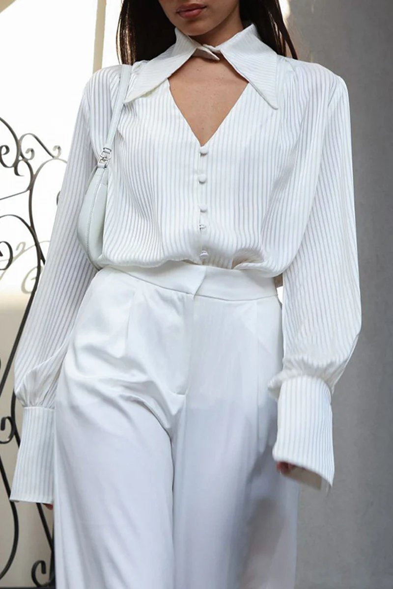 British Style Elegant Striped Buttons Turndown Collar Tops - Panekey
