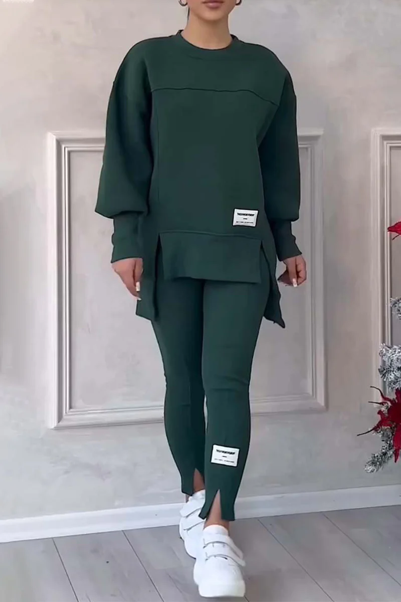 Casual Daily Letter Print Patchwork Slit O Neck Long Sleeve Two Pieces(6 Colors) - Panekey