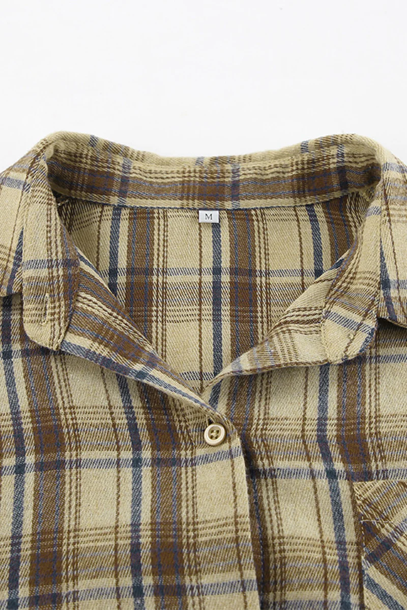 Casual Plaid Buttons Contrast Turndown Collar Blouses - Panekey