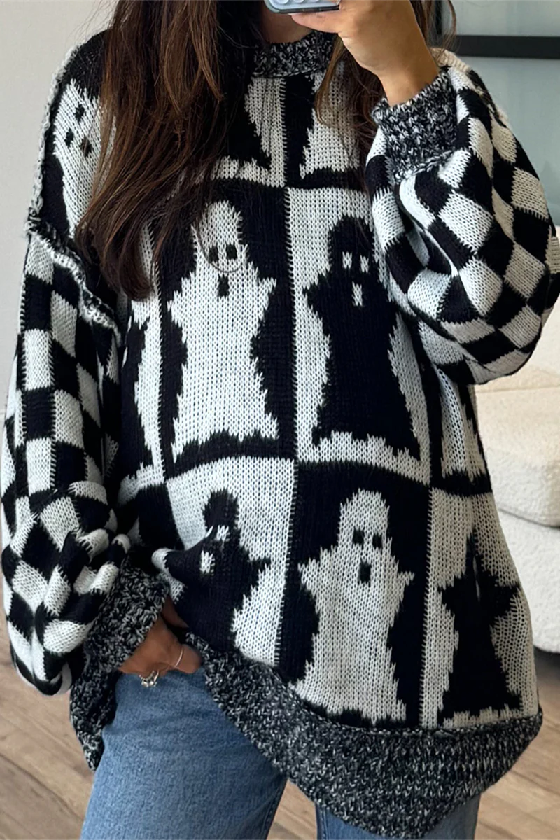 Casual Plaid Weave Contrast O Neck Sweaters - Panekey