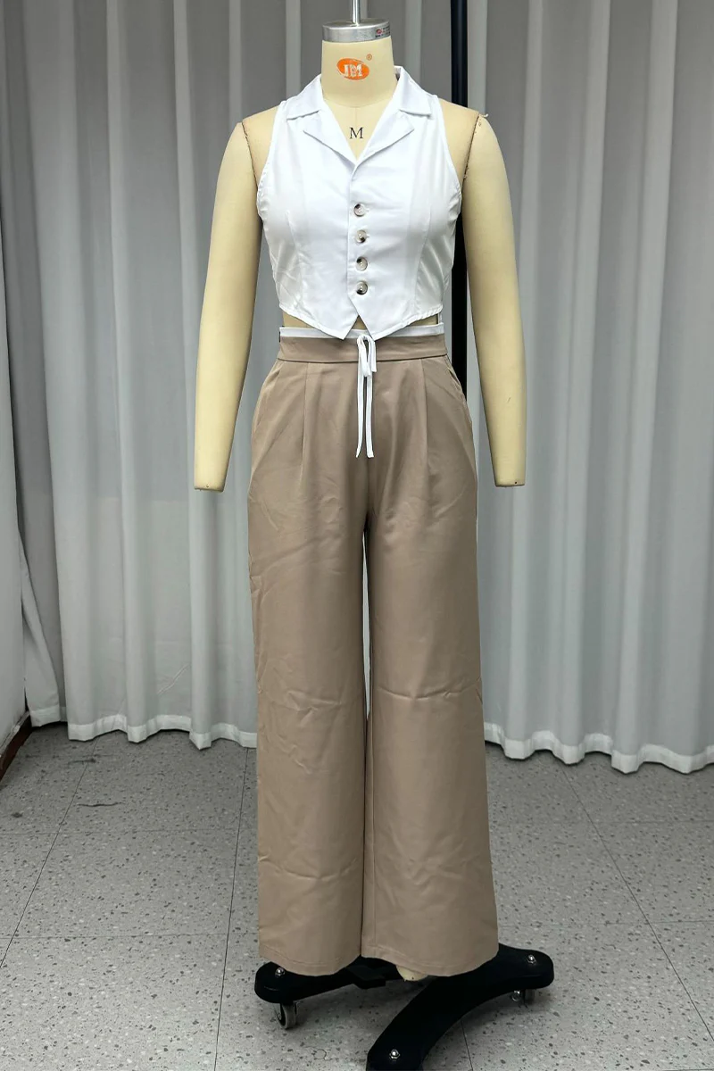 Casual Lace Up Buttons Turndown Collar Sleeveless Two Pieces - Panekey