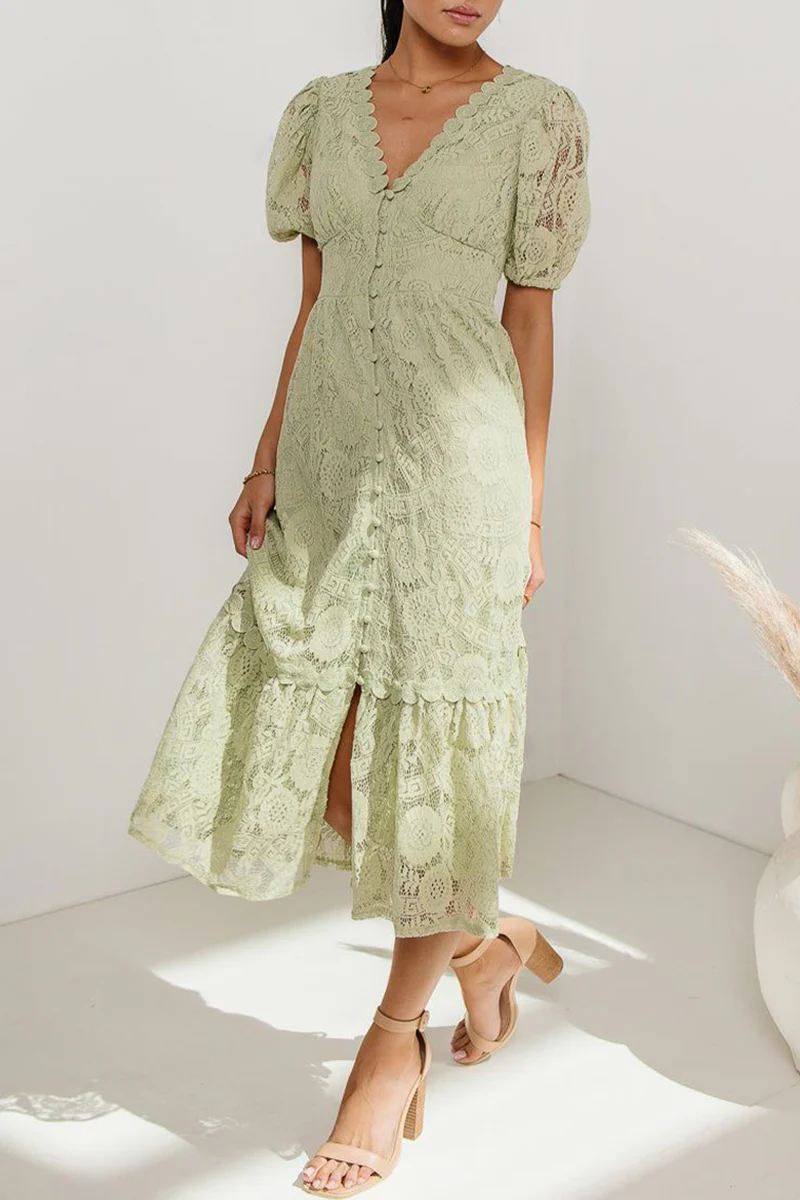 Casual Daily Solid Color Lace Buttons V Neck A Line Dresses(4 Colors) - Panekey