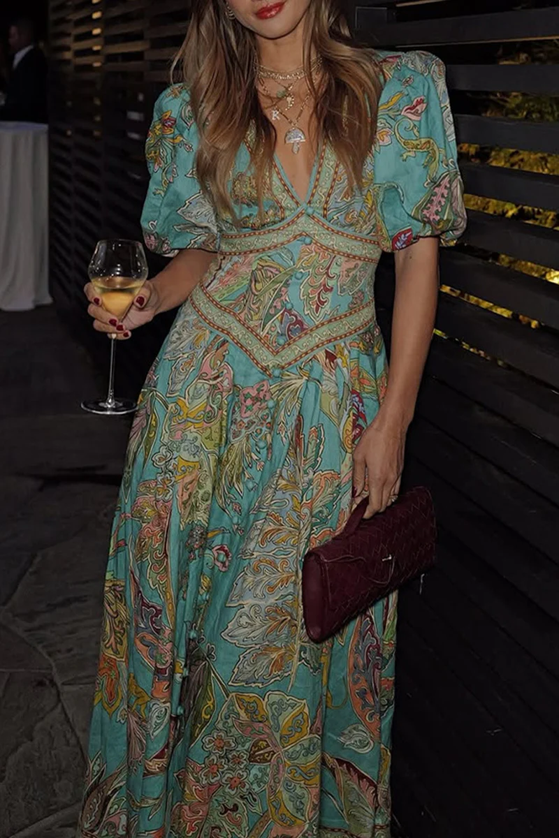 Casual Floral Print Pocket V Neck A Line Dresses - Panekey