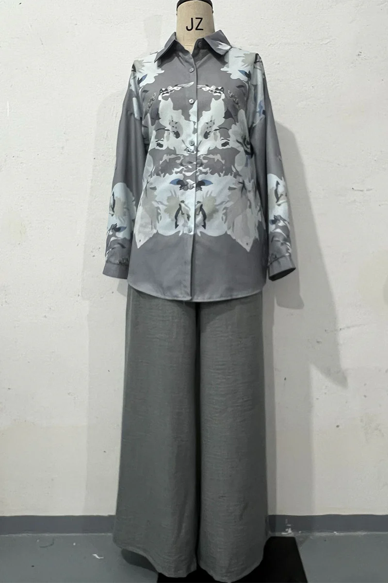 Casual Floral Print Buttons Turndown Collar Long Sleeve Two Pieces - Panekey