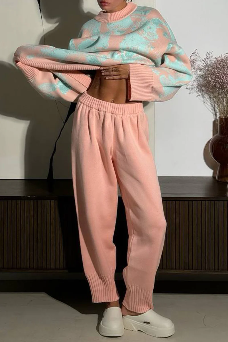 Casual Geometric Print Weave Contrast O Neck Long Sleeve Two Pieces - Panekey