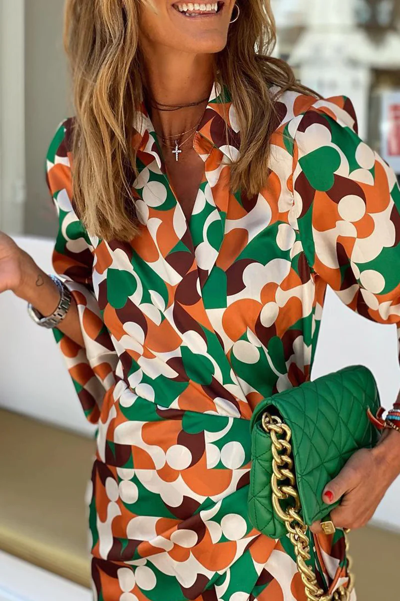 British Style Elegant Geometric Print Frenulum V Neck One Step Skirt Dresses - Panekey