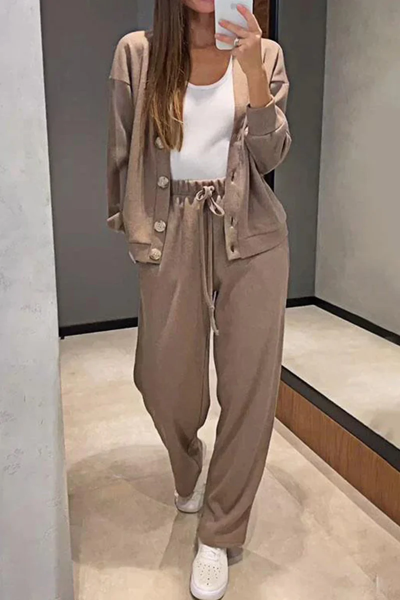 Casual Daily Solid Color Pocket Lace Up Buttons V Neck Long Sleeve Two Pieces(5 Colors) - Panekey