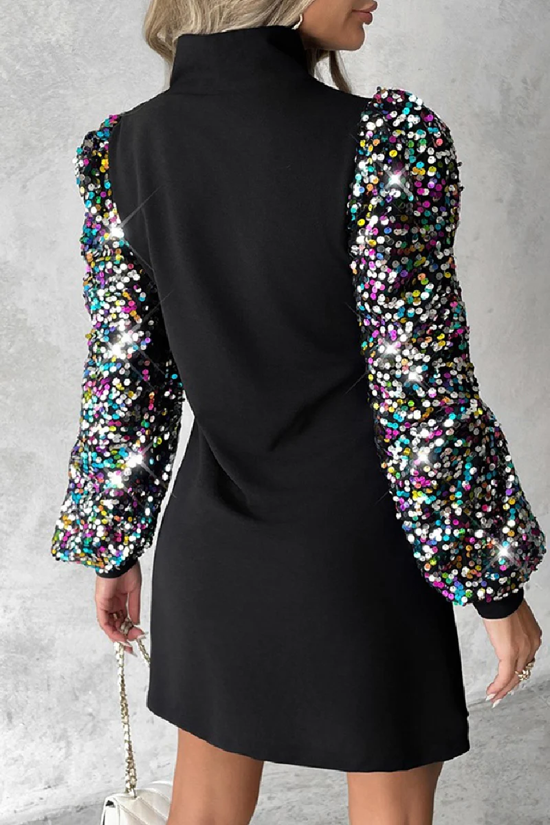 Casual Patchwork Hollowed Out Sequins Half A Turtleneck Long Sleeve Dresses - Panekey