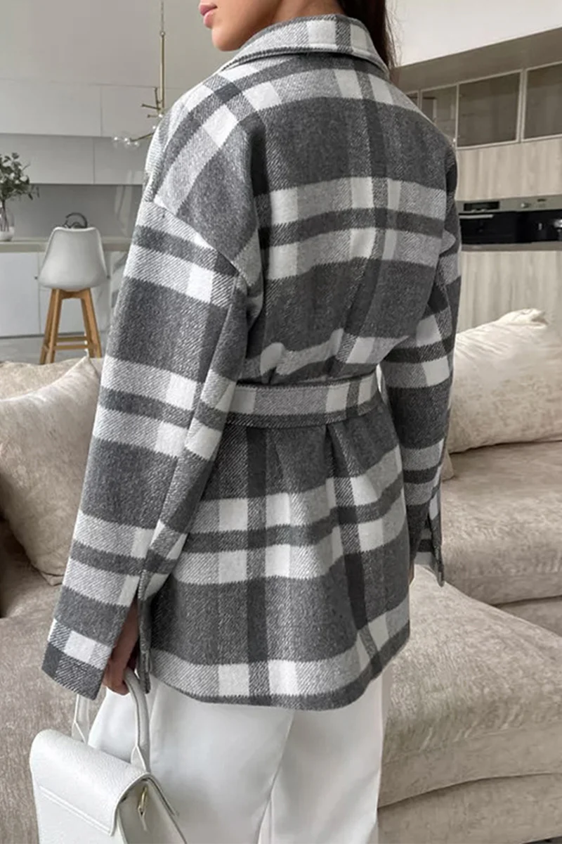 Casual Plaid Lace Up Buttons Contrast Gross Turndown Collar Outerwear - Panekey