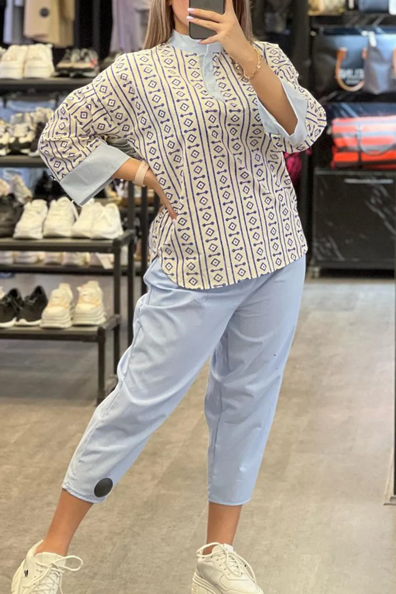 Casual Geometric Printing Half A Turtleneck Long Sleeve Two Pieces - Panekey