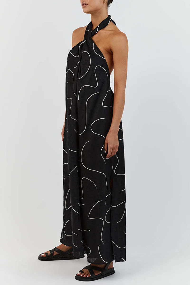 Casual Geometric Print Frenulum Halter Sleeveless Dress Dresses - Panekey