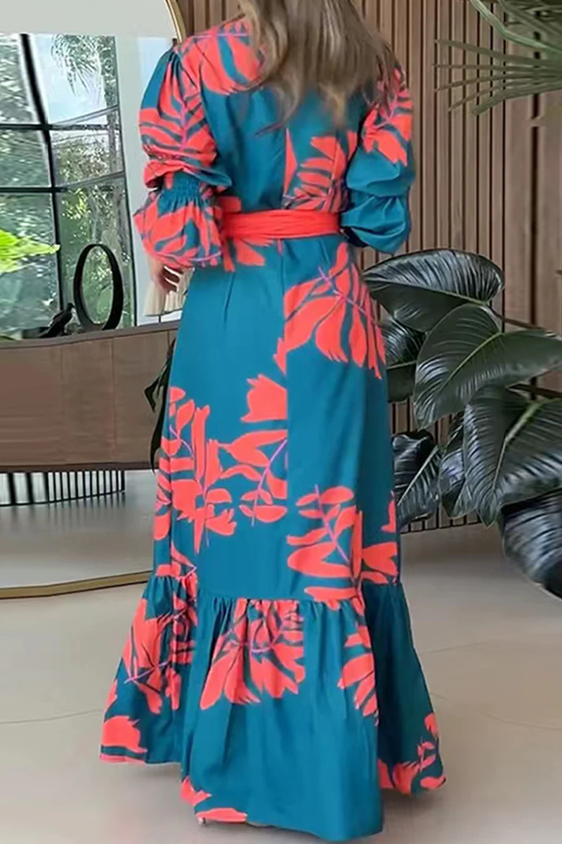 Casual Floral Print Lace Up Ruffle V Neck Printed Dresses - Panekey