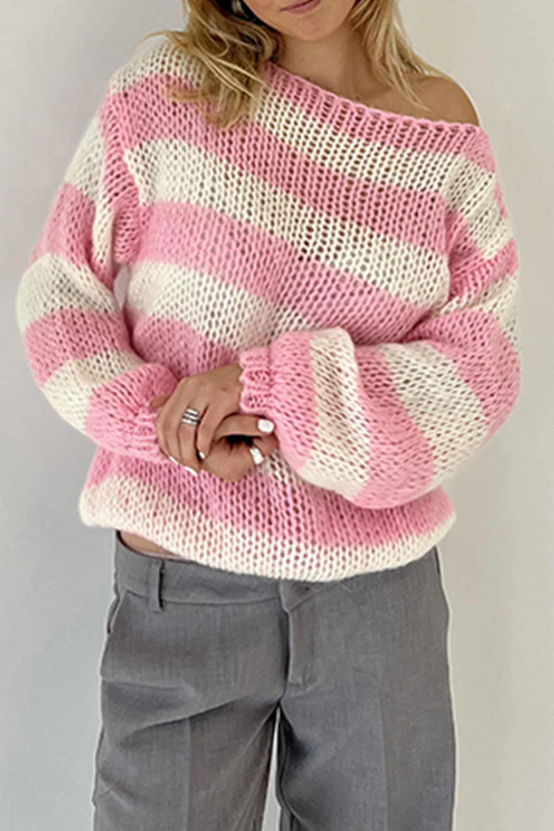 Casual Letters Weave Contrast Oblique Collar Sweaters(4 Colors) - Panekey