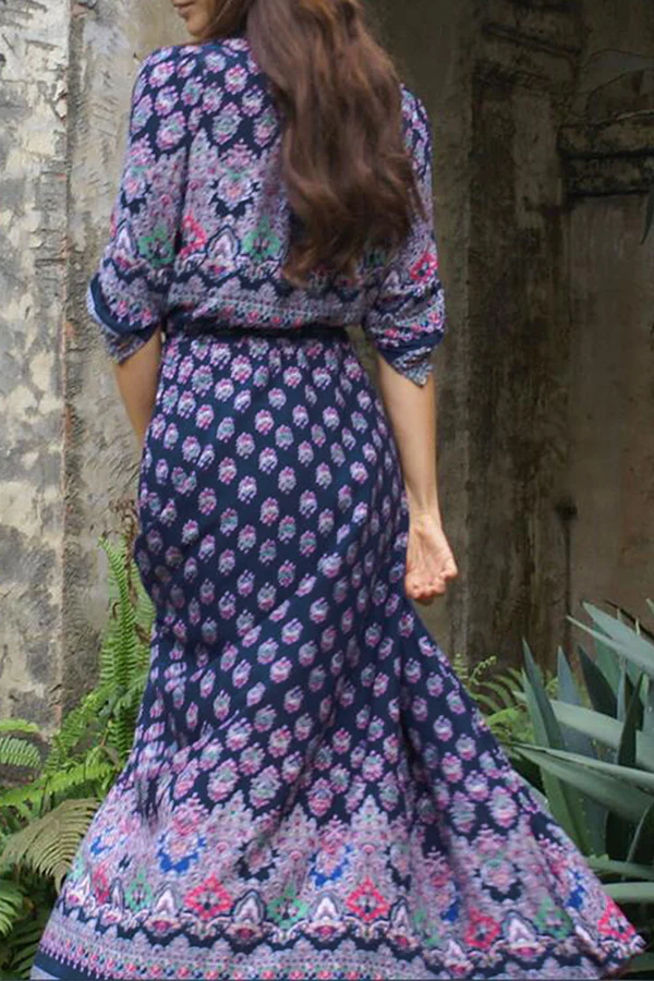 Bohemian Print Buckle Slit V Neck Dresses(7 Colors) - Panekey