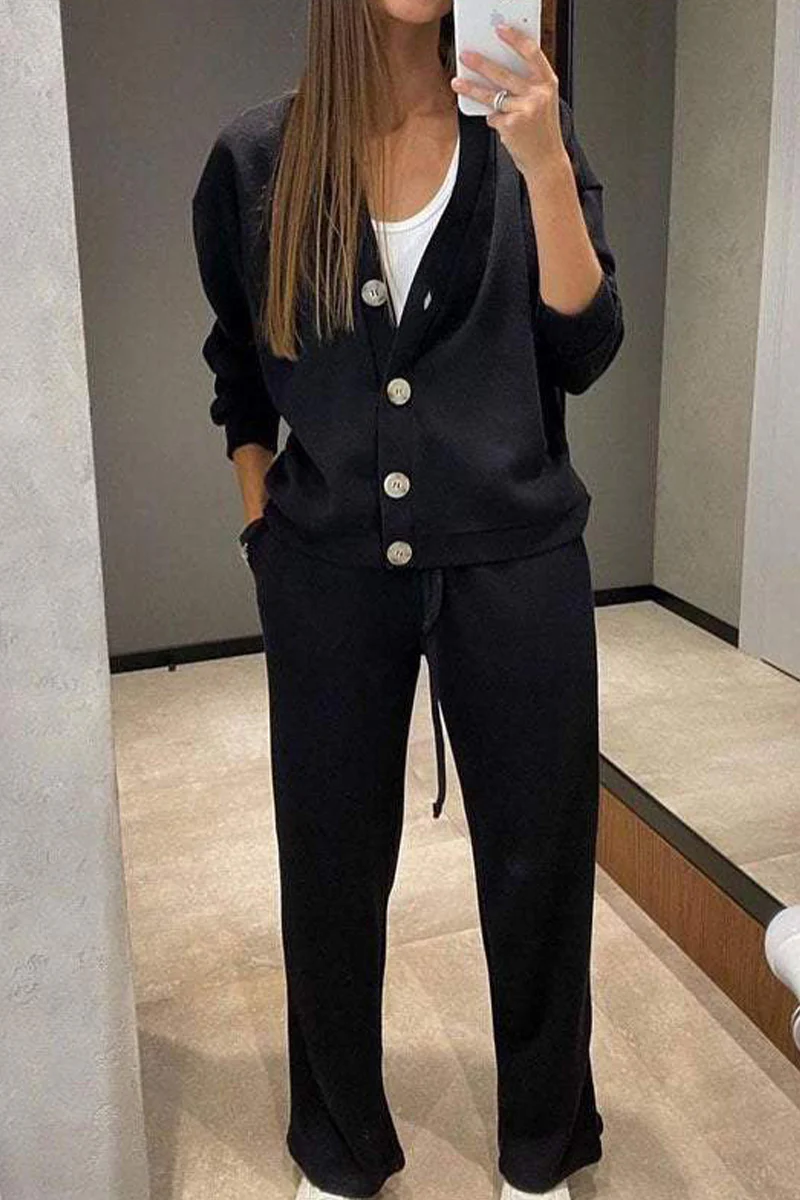 Casual Daily Solid Color Pocket Lace Up Buttons V Neck Long Sleeve Two Pieces(5 Colors) - Panekey