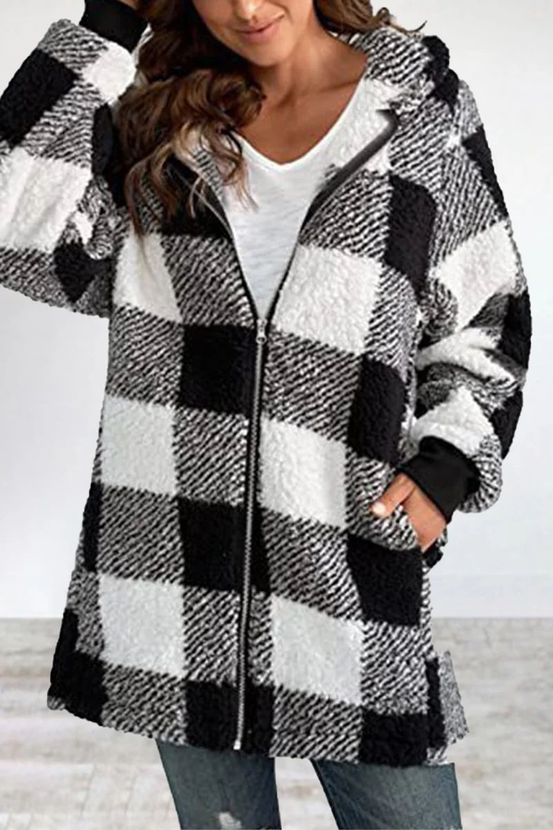 Casual Plaid Frenulum Contrast Zipper Hooded Collar Outerwear - Panekey