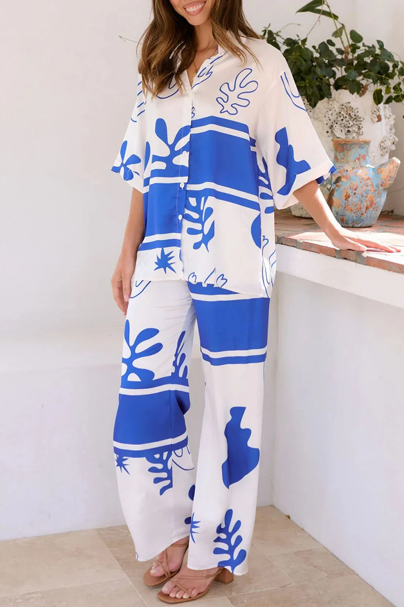 Casual Daily Geometric Print Buttons Turndown Collar Short Sleeve Two Pieces - Panekey