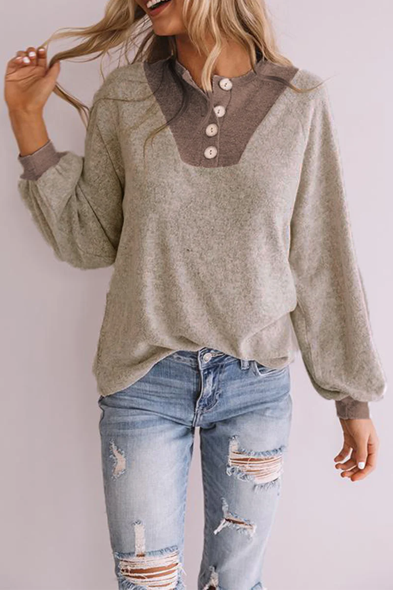 Casual Patchwork Buckle  Contrast O Neck Tops - Panekey