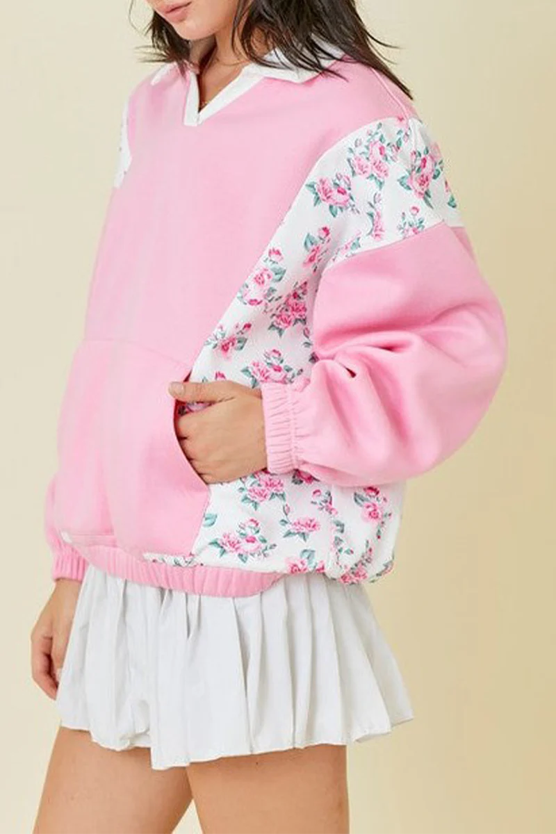 Casual Flowers Pocket Patchwork Contrast Turndown Collar Sweats - Panekey