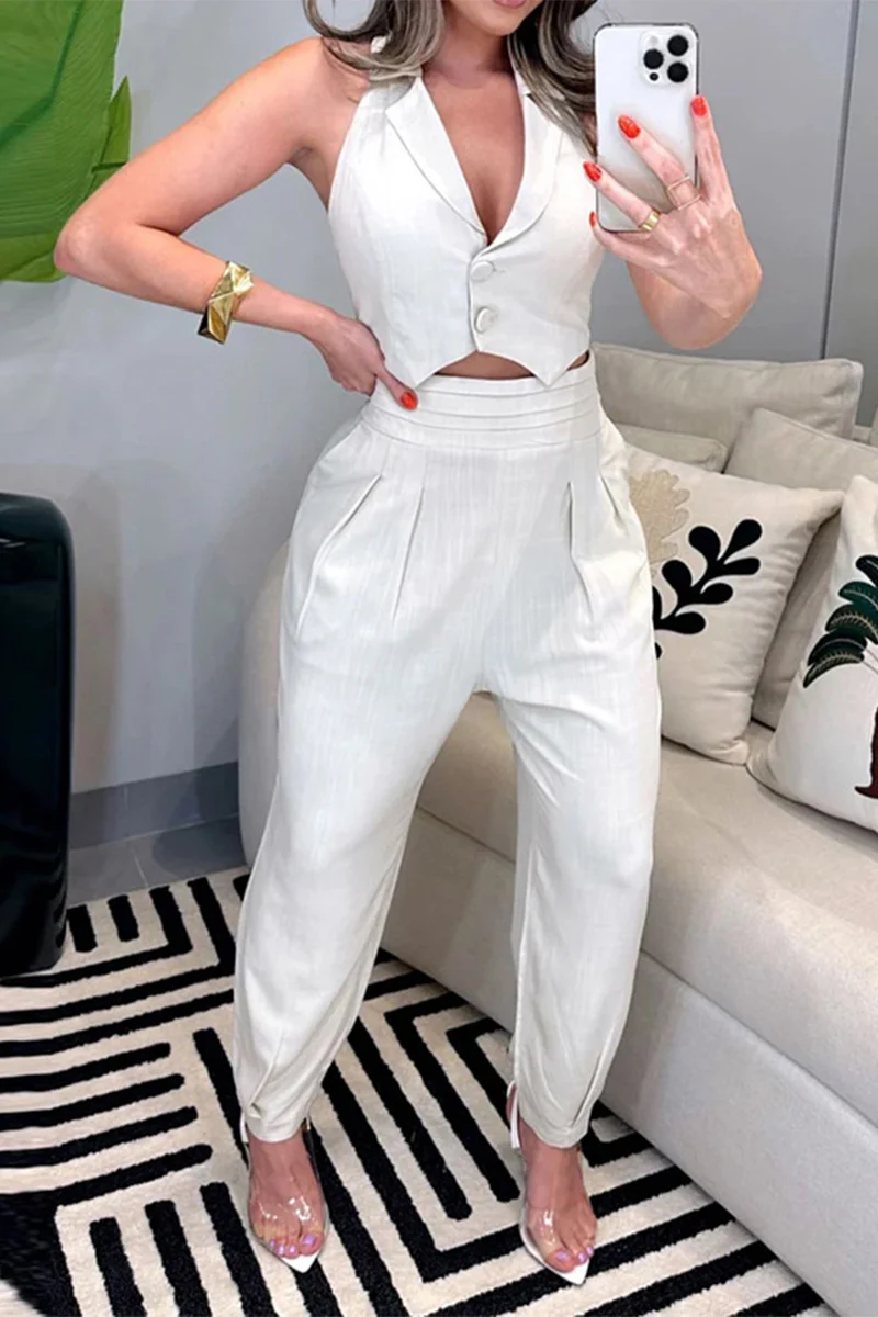 Casual British Style Solid Fold V Neck Sleeveless Two Pieces - Panekey