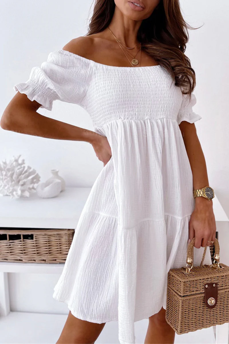 Casual Elegant Solid Patchwork Flounce Off the Shoulder A Line Dresses(3 Colors) - Panekey