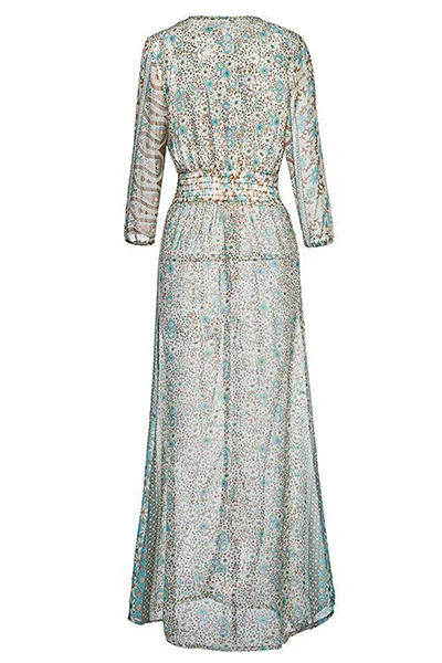 Bohemian Print Frenulum Buckle Slit V Neck Dresses - Panekey