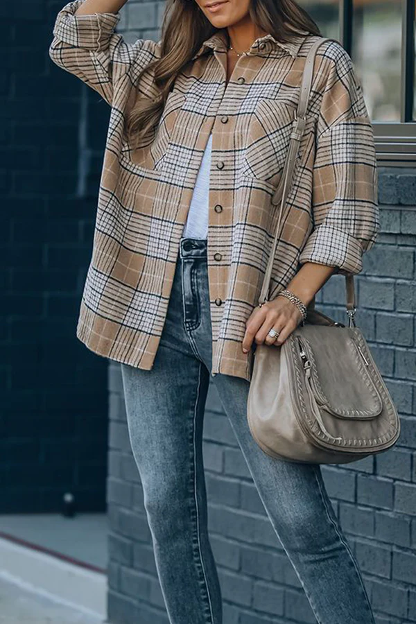 Casual Plaid Pocket Buckle Mandarin Collar Outerwear - Panekey